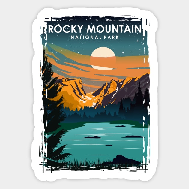 Rocky Mountain National Park at Night Vintage Minimal Travel Poster Sticker by jornvanhezik